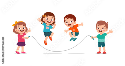 Group of Happy Children Playing Skipping Rope Together. Cartoon Flat Style Illustration.