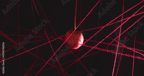 Approaching a red apple hanging inside a net of stretched red woolen threads on a black background. Concept of a cherished dream