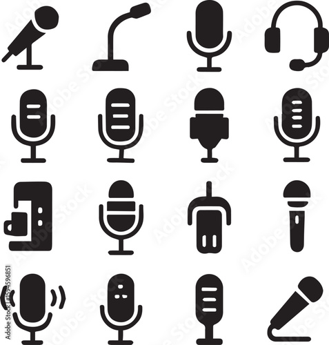 Diverse microphone and audio equipment icons recording sound