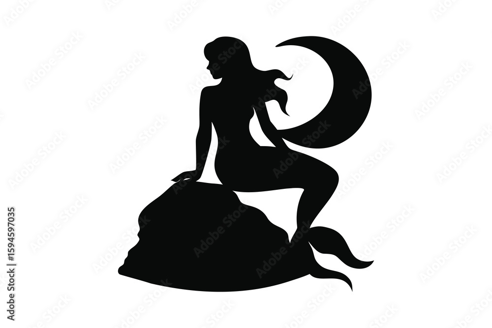 Obraz premium Mystical Mermaid Sitting on Rock with Crescent Moon in Silhouette Style a Simple Black and White Vector Illustration silhouette