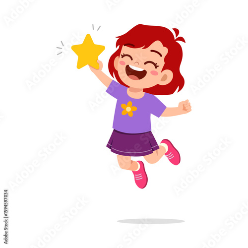 Happy Little Girl Jumping with Joy and Holding a Star with Smiling Expression Cartoon Style