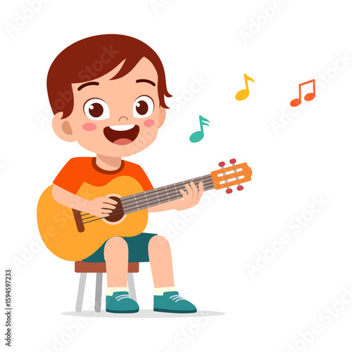 Happy cartoon boy playing acoustic guitar sitting on a stool with musical notes
