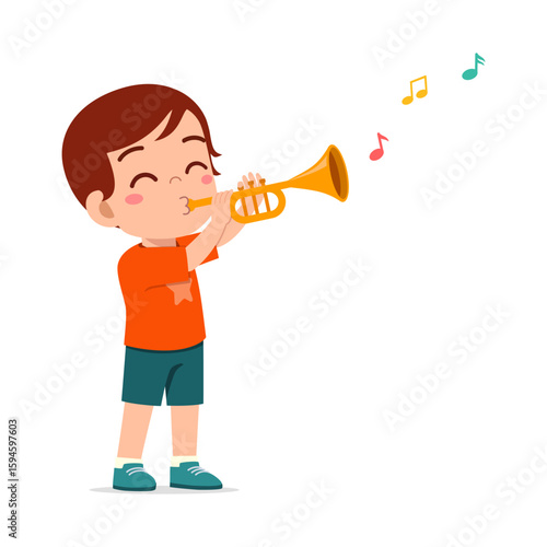 Happy Boy Playing Trumpet and Producing Musical Notes in Illustration on White Background