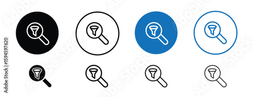 set of pixel perfect colored Search filters icon, 1 silhouette, 1 Unexpanded, Filter funnel with magnifier for search refinement or settings.
