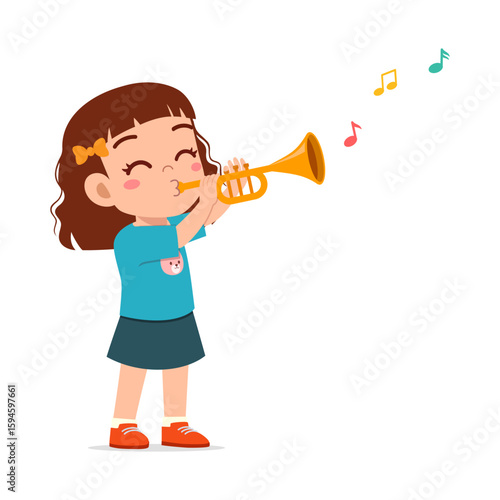 Cute little girl playing the trumpet with musical notes illustration design. Happy expression.