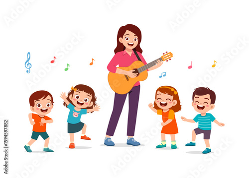 Happy young woman playing guitar and singing with joyful kids dancing around her enthusiastically