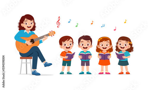 Young Teacher Woman Teaching Kids Singing with Guitar and Books in Happy Cartoon Illustration