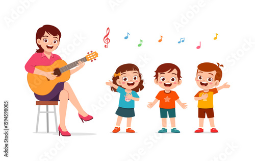 Happy teacher playing guitar with cheerful kids singing song, cartoon style illustration