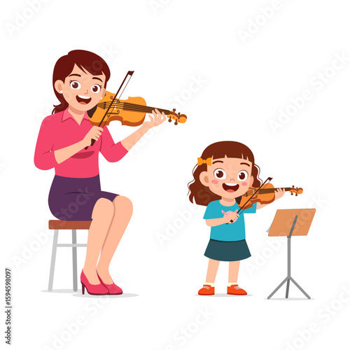 Young girl learning violin from teacher happily in a cartoon illustration style