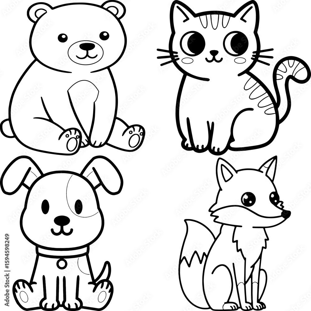 Cute Cartoon Animal Outline Set – Bear, Cat, Dog, and Fox Black and White Coloring Page for Kids Cute Cartoon Animal Outline Set – Bear, Cat, Dog, and Fox Black and White Coloring Page for Kids