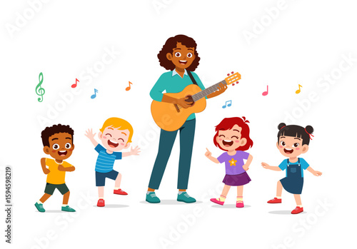Cheerful children dancing and singing with their black female teacher with guitar