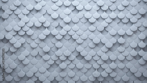 Fish Scale Tiles arranged to create a Polished wall. Futuristic, White Background formed from 3D blocks. 3D Render