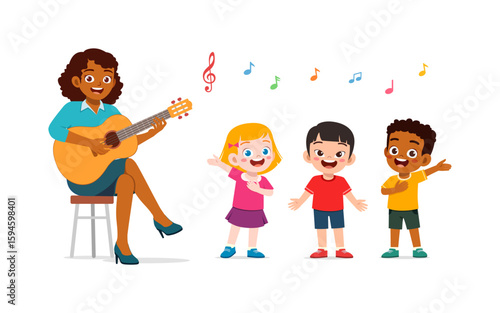 Black Woman Playing Guitar While Kids are Singing and Dancing with Happiness