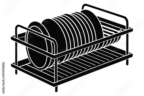 Minimalist Black and White Illustration of a Dish Rack Filled with Plates in Kitchen Setting
