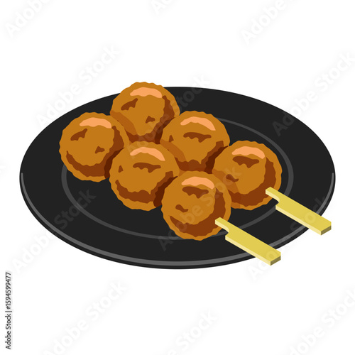Two tsukune chicken meatball skewers on black round plate - flat isometric illustration