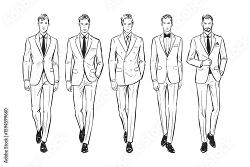 Stylish black and white fashion sketch of five men in formal suits, walking confidently in line, classic and modern look.