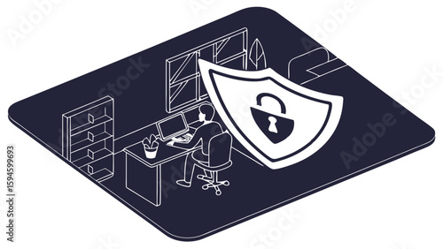 Cybersecurity Concept Depicting Person Working with Shield and Lock Icon.