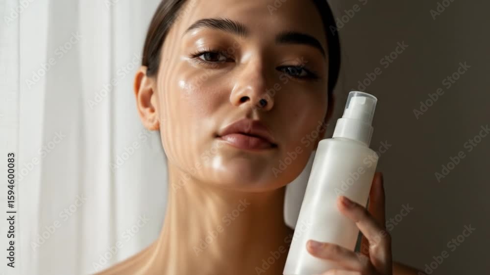 Person holding white cosmetic spray bottle Person holding white cosmetic spray bottle