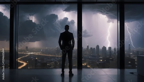 Businessman looking at storm, leadership challenges, overcoming adversity, city view