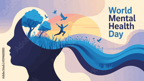 World Mental Health Day Poster Vector Illustration with Brain, Green Ribbon, Support Hands, Mind Icons and Green Theme