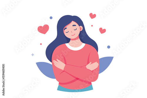 Smiling Woman Embracing Herself with Hearts and Blue Shapes in a Flat Illustration