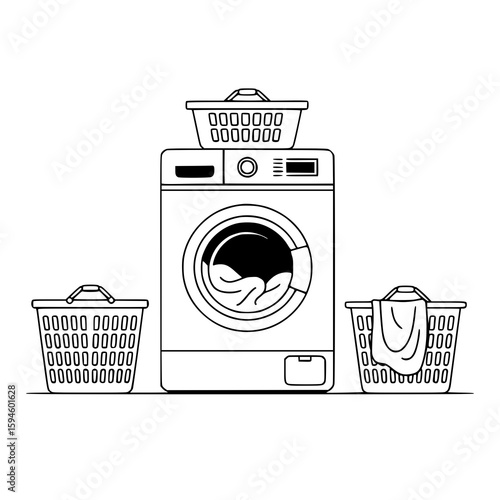 Laundry Day Line Art: A simple black and white illustration of a washing machine with laundry baskets, showcasing a clean and minimalist style.