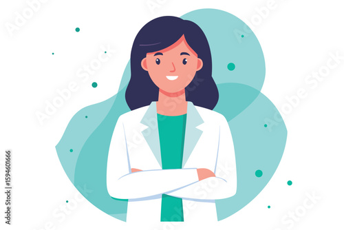 Smiling Female Doctor with Dark Hair and Arms Crossed Cartoon Illustration Design