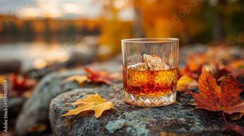 Glass filled with whiskey and ice cubes on a rock surrounded by autumn leaves