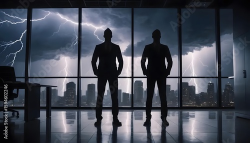 Businessmen silhouette standing office window overlooking city skyline stormy weather