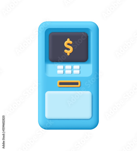 Blue ATM automatic deposit machine with dollar sign. Finance technology, banking, money withdrawal, financial transactions and digital finance services concept. 3d vector icon. Cartoon minimal style.