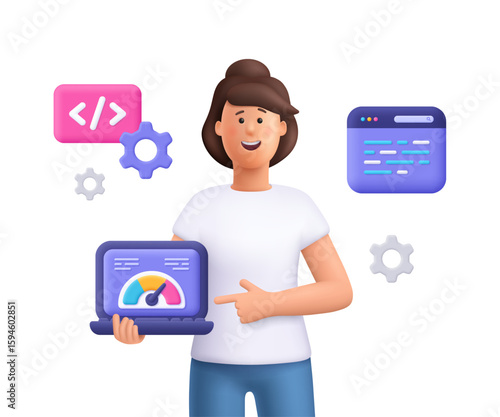 Young smiling woman Jane holding a laptop with a speedometer gauge, surrounded by browser window, gear wheels and a code symbol. 3d vector people character. Cartoon minimal style.