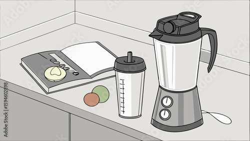 Blender Smoothie Cup Recipe Book and Fruit on a Countertop.