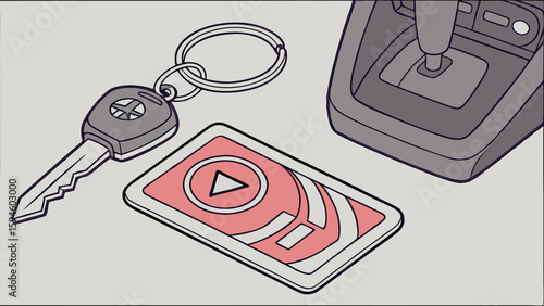 Car Key Keyring and InCar Media Device Illustration.