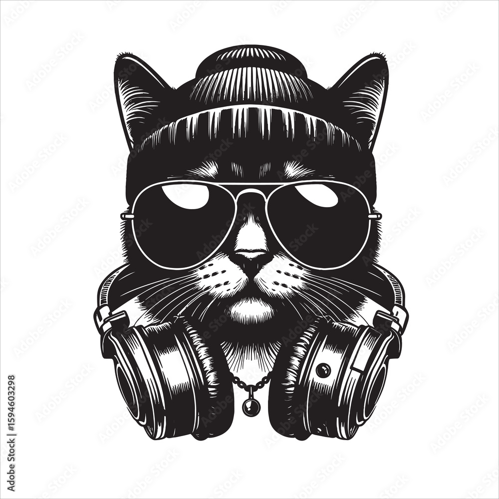 A black and white illustration of a cat wearing sunglasses and headphones A black and white illustration of a cat wearing sunglasses and headphones
