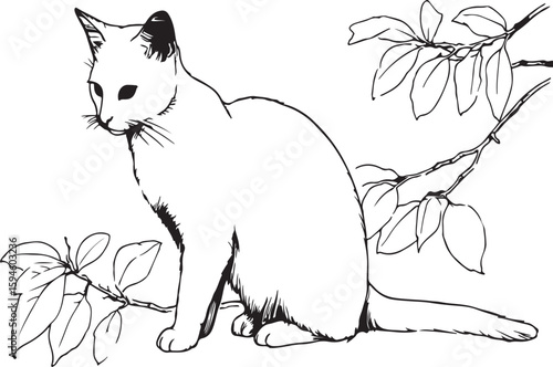 Adorable Cat Illustration with Detailed Line Art for Coloring Books Featuring a Kitten Sitting in a Garden Surrounded by Flowers and Foliage in a Whimsical Style