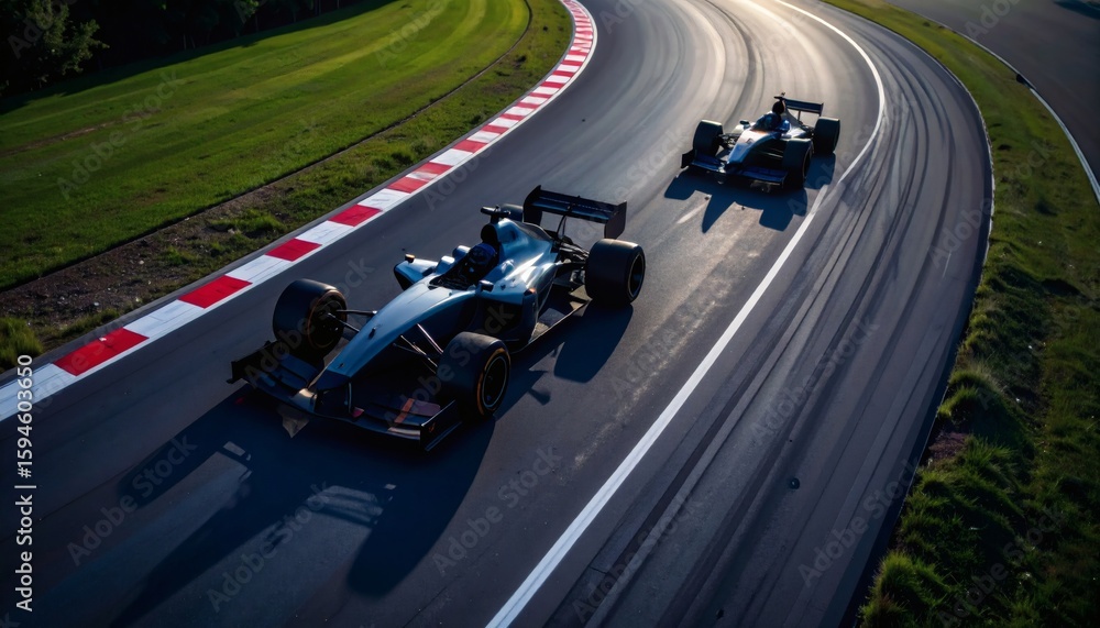 Obraz premium Formula 1 Cars Racing from Above on Track, High-Speed Action, Scenic Landscape, Dynamic Viewpoint, Thrilling Motorsport Environment