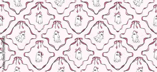 Seamless checkered pattern with cute hand drawn ghost characters wearing pink bows. Adorable girly spooky designs, vector illustrations for Halloween background, wallpaper. Vintage coquette aesthetic.