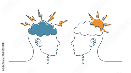 Vector art of two heads in profile with contrasting weather in brains
