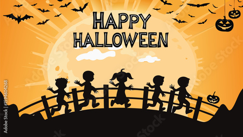 Silhouette of children running on a fence at halloween with bats and pumpkins in the sky at sunset