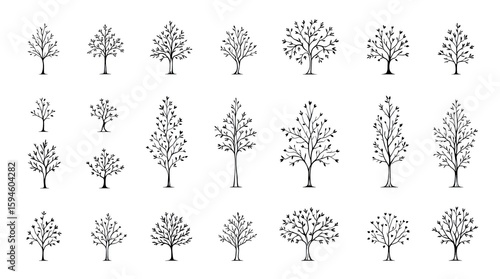 Line art of many trees in various shapes, bare branches and few leaves