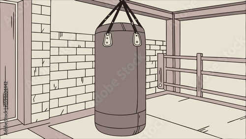 Hanging Punching Bag in a Brickwalled Room.