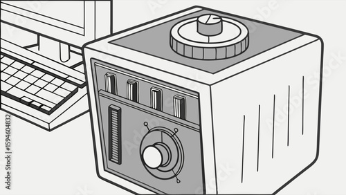 Illustration of a Safe and Computer Keyboard in Monochrome.
