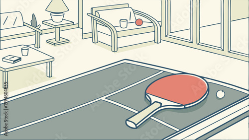 Illustration of a ping pong table with paddle and ball in a room.