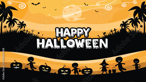 Happy halloween scene with pumpkins, kids, bats, moon and palm trees in orange and black colors