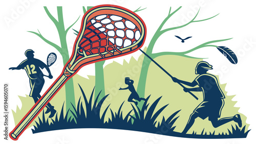 Lacrosse Players in Action Amidst Lush Grassy Terrain.