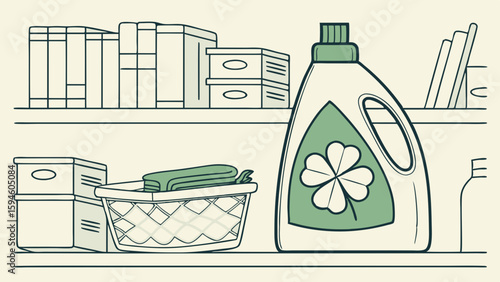Laundry Detergent Bottle Clothes Basket and Storage Boxes on Shelf.