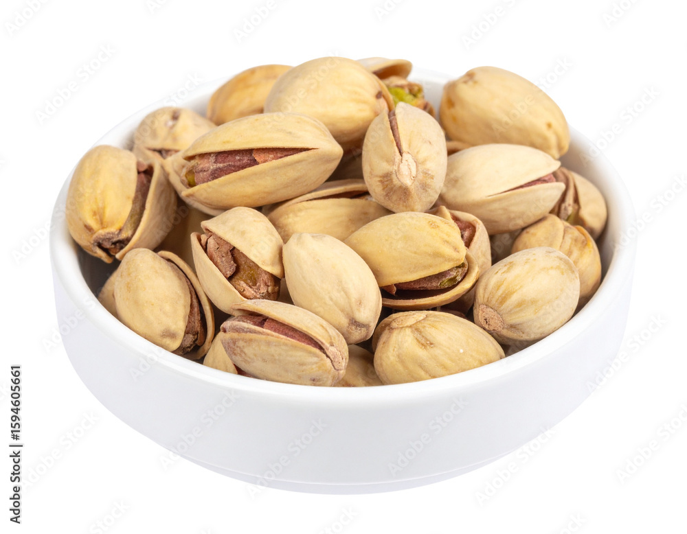 Fototapeta premium Shelled pistachios in white bowl isolated on transparent background