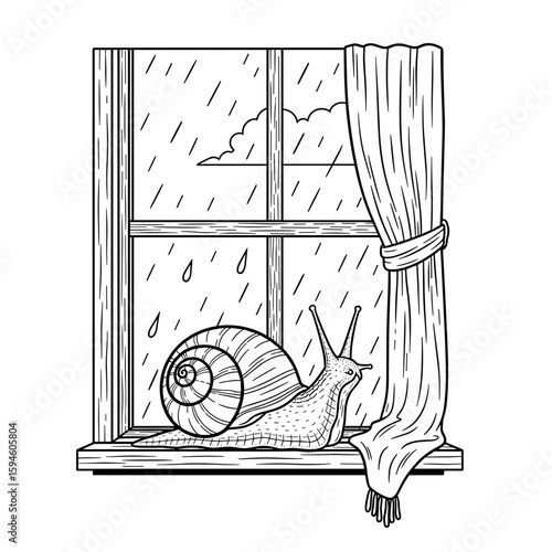 Snail on a windowsill during rain, cozy indoor illustration