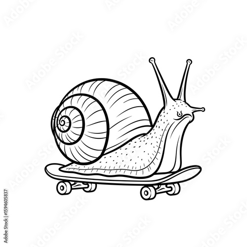 Snail on a skateboard, whimsical and playful illustration