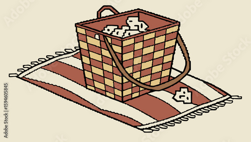 Picnic basket filled with food on a striped blanket illustration.